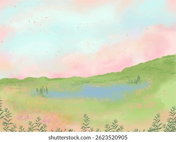 cute abstract watercolor illustration of colorful soft pastel dreamy with cloud blue sky, flower garden field, meadow hill scenery background wallpaper