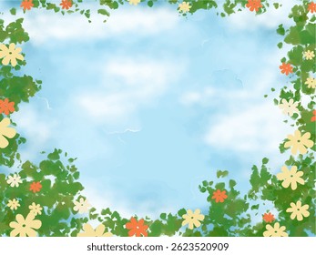 cute abstract watercolor illustration of colorful soft pastel flower frame border with cloud blue sky, meadow hill scenery background wallpaper
