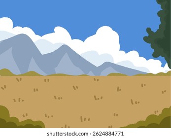 cute abstract watercolor illustration of colorful soft pastel mountain with cloud blue sky, grass field, meadow hill scenery background wallpaper