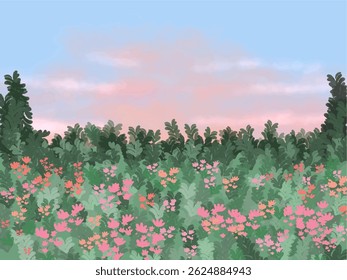 cute abstract watercolor illustration of colorful soft pastel cloud pink sky, grass field, meadow hill scenery background wallpaper
