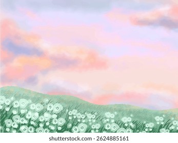 Leuke abstracte aquarel illustratie van kleurrijke zachte pastelwolk roze lucht, grasveld, weide heuvel landschap achtergrond behang