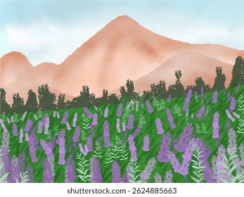 cute abstract watercolor illustration of colorful soft pastel mountain with cloud blue sky, grass field, meadow hill scenery background wallpaper