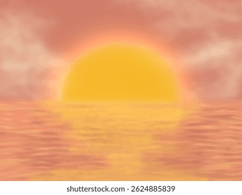 cute abstract watercolor illustration of colorful soft pastel sunset with orange dawn sky, sea water and beach scenery background wallpaper