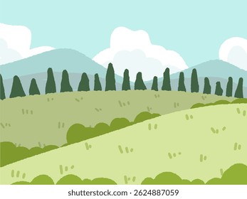 cute abstract watercolor illustration of colorful soft pastel mountain with cloud blue sky, grass field, meadow hill scenery background wallpaper