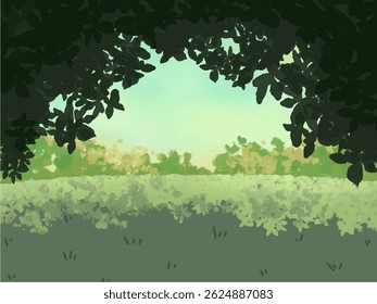 cute abstract watercolor illustration of colorful soft pastel tree leaves, grass field, meadow hill scenery background wallpaper
