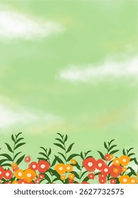 cute abstract watercolor illustration of colorful soft pastel cloud green sky, flower field, meadow hill scenery background wallpaper