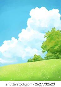 cute abstract watercolor illustration of colorful soft pastel cloud blue sky, grass field, meadow hill scenery background wallpaper