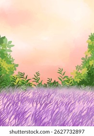 cute abstract watercolor illustration of colorful soft pastel cloud pink sky, grass field, meadow hill scenery background wallpaper