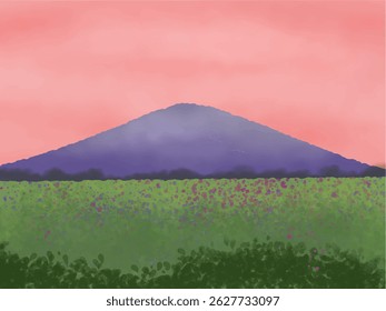 cute abstract watercolor illustration of colorful soft pastel cloud pink sky, grass field, meadow hill mountain background wallpaper