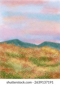 cute abstract watercolor illustration of colorful soft pastel cloud blue sky, flower field, meadow hill scenery background wallpaper
