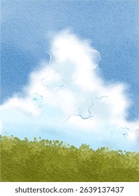 cute abstract watercolor illustration of colorful soft pastel cloud blue sky, flower field, meadow hill scenery background wallpaper