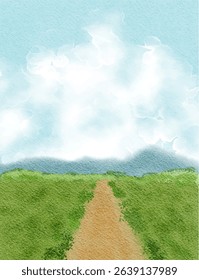 cute abstract watercolor illustration of colorful soft pastel cloud blue sky, flower field, meadow hill scenery background wallpaper