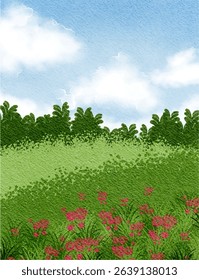 cute abstract watercolor illustration of colorful soft pastel cloud blue sky, flower field, meadow hill scenery background wallpaper