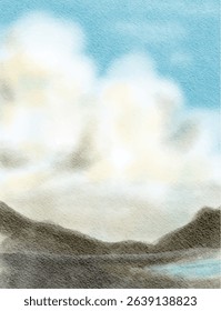 cute abstract watercolor illustration of colorful soft pastel cloud blue sky, flower field, meadow hill scenery background wallpaper