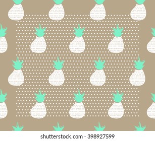 Cute abstract white pineapple design with dots on brown background pattern seamless backdrop wallpaper. Vector image