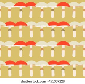 Cute abstract white and red mushroom with stripes line and dots design on brown background pattern backdrop seamless wallpaper. Vector image
