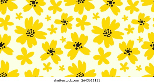 Cute Abstract Yellow Flower Groovy Style Seamless Pattern. Vector Illustration.