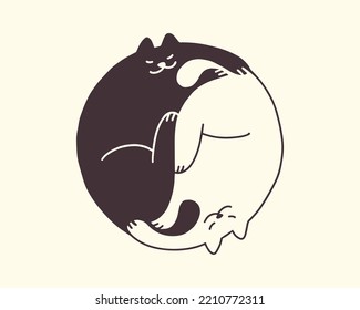 Cute abstract yin yang sign. Two cats sleeping circle form. Black and white kittens make by body yin and yang icon. Harmony, zen, balance concept. Kawaii isolated vector illustration. Chinese culture