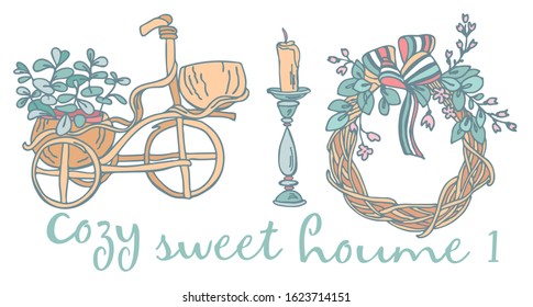 Cute accessories for interior decoration. Flowers for cozy spring days on white background. Nice set of cozy elements in scandinavian style. Vector isolated objects for your design. EPS 8.