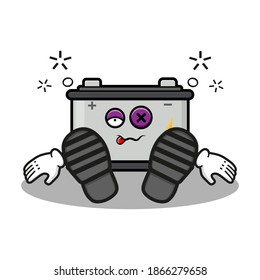 cute accumulator cartoon mascot character funny expression  sit down and tired