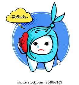 Cute aching tooth character. Vector illustration. Isolated.