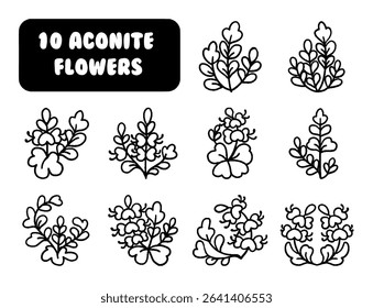 Cute Aconitum Flower Dingbats, Hand Drawn Vector Icon Set, Kawaii Aconitum Flowers Vector Icons, Cute Wolfsbane Flower Symbols