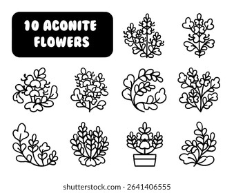 Cute Aconitum Flower Dingbats, Hand Drawn Vector Icon Set, Kawaii Aconitum Flowers Vector Icons, Cute Wolfsbane Flower Symbols