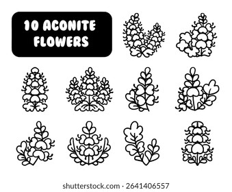 Cute Aconitum Flower Dingbats, Hand Drawn Vector Icon Set, Kawaii Aconitum Flowers Vector Icons, Cute Wolfsbane Flower Symbols