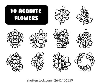 Cute Aconitum Flower Dingbats, Hand Drawn Vector Icon Set, Kawaii Aconitum Flowers Vector Icons, Cute Wolfsbane Flower Symbols