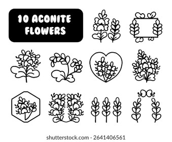 Cute Aconitum Flower Dingbats, Hand Drawn Vector Icon Set, Kawaii Aconitum Flowers Vector Icons, Cute Wolfsbane Flower Symbols