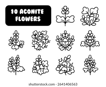 Cute Aconitum Flower Dingbats, Hand Drawn Vector Icon Set, Kawaii Aconitum Flowers Vector Icons, Cute Wolfsbane Flower Symbols