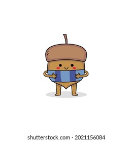 Cute acorn cartoon character wearing blue scarf