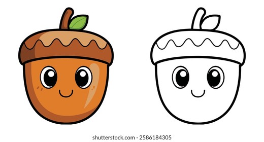 Cute Acorn Cartoon Smile Coloring Book For Kids Printable Vector