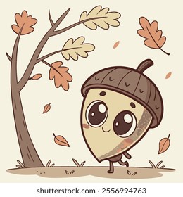 A cute acorn character joyfully walks under a tree in autumn.