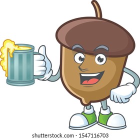 cute acorn with character mascot design holding juice