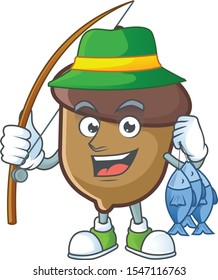 cute acorn with character mascot design fishing