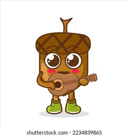 cute Acorn character mascot playing guitar isolated cartoon in flat style design