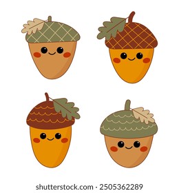 Cute Acorn Characters Set with Autumn Leaves, Nature Theme for Kids Design, Craft and Decorations.