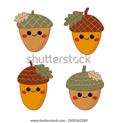 Cute Acorn Characters Set with Autumn Leaves, Nature Theme for Kids Design, Craft and Decorations.