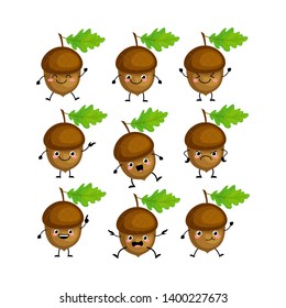 Cute acorn   characters set  with different emotions vector illustration. Funny nuts. Kawaii acorns