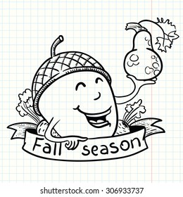 Cute acorn doodle character with pumpkin. Fall season banner