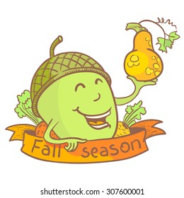 Cute acorn doodle character with pumpkin. Fall season banner