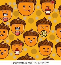 Cute Acorn Seamless Pattern, Cartoon Vector Illustration, Isolated Background
