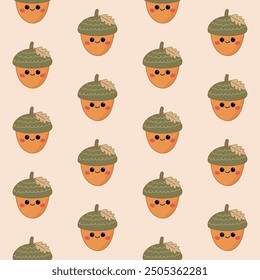 Cute Acorn Seamless Pattern Design for Fall Autumn Background or Gift Wrapping Flat Vector Character.