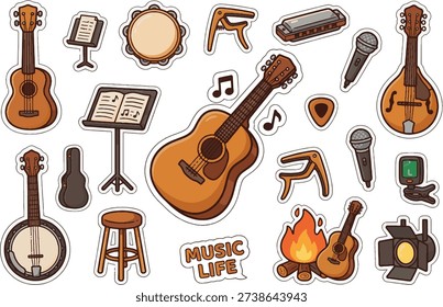 Cute Acoustic Guitar Vector Sticker. Wooden musical instrument with music notes isolated.