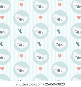 A cute acpattern featuring cute koala faces with hearts and branches on a soft pastel blue background.