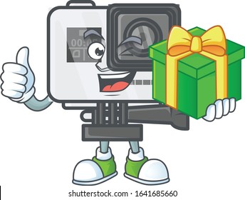 Cute action camera character holding a gift box