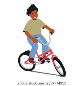 Cute active boy child cartoon character riding two-wheeled bicycle isolated on white background. Brave small preschool kid cycling fast enjoying sport hobby recreation outdoors vector illustration