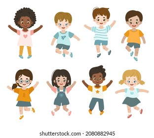 Cute active children jumping. Adorable happy kids dance. Smiling friends classmates having fun.