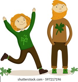 Cute active ginger couple. Irish celebrating St Patrick's Day. Clover leaves on the ground. Isolated. Background for shop, site or magazine promotion